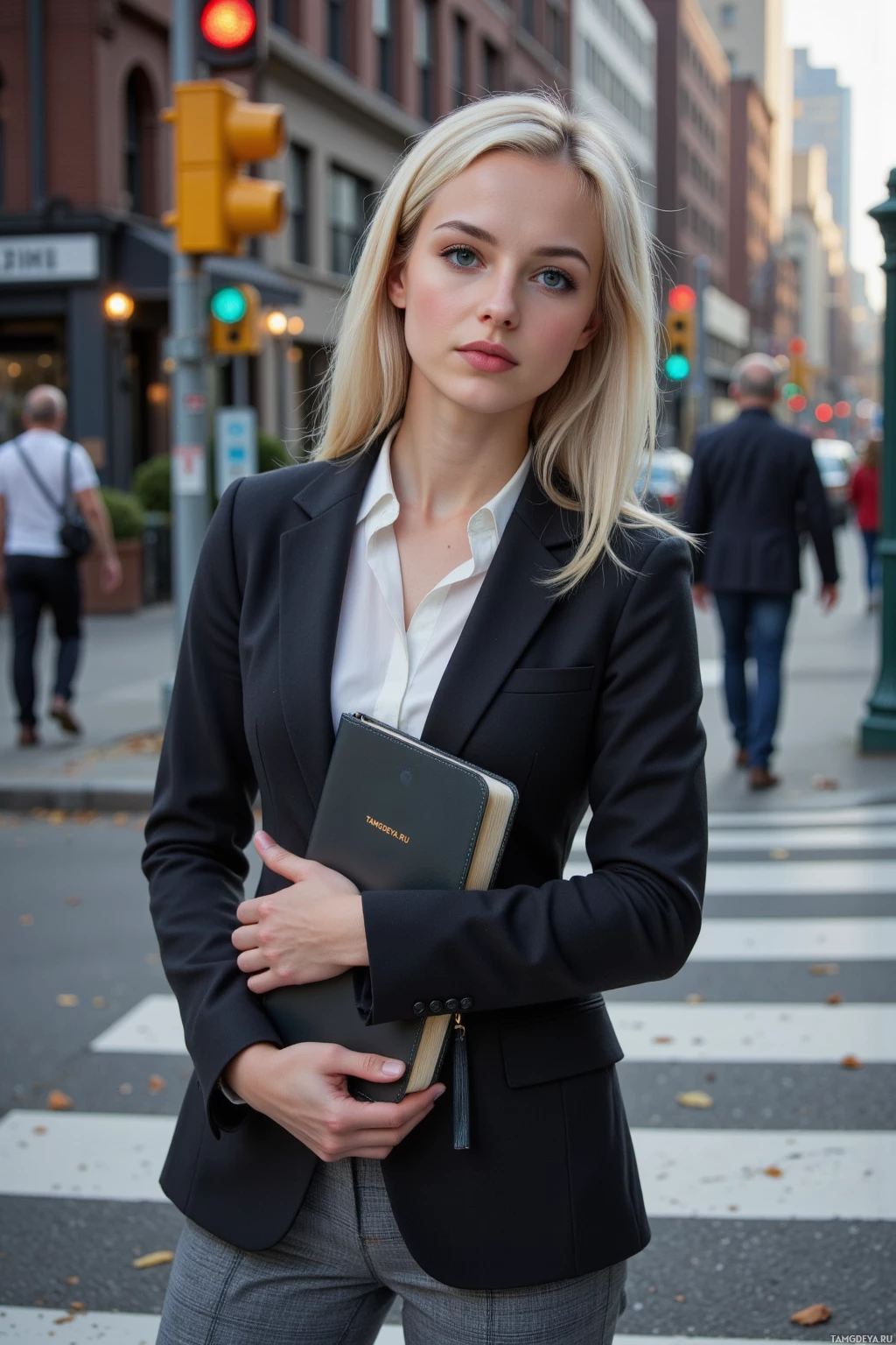 A woman in a business suit stands on a city street holding a notebook.