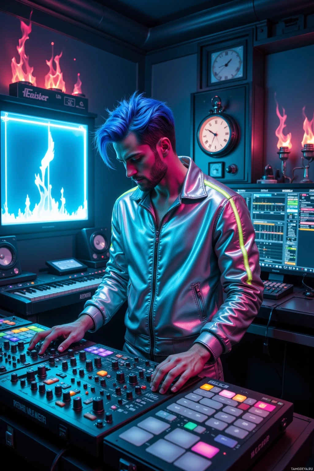 A person in a shiny jacket operates a music production setup with a clock and flame decorations in the background.