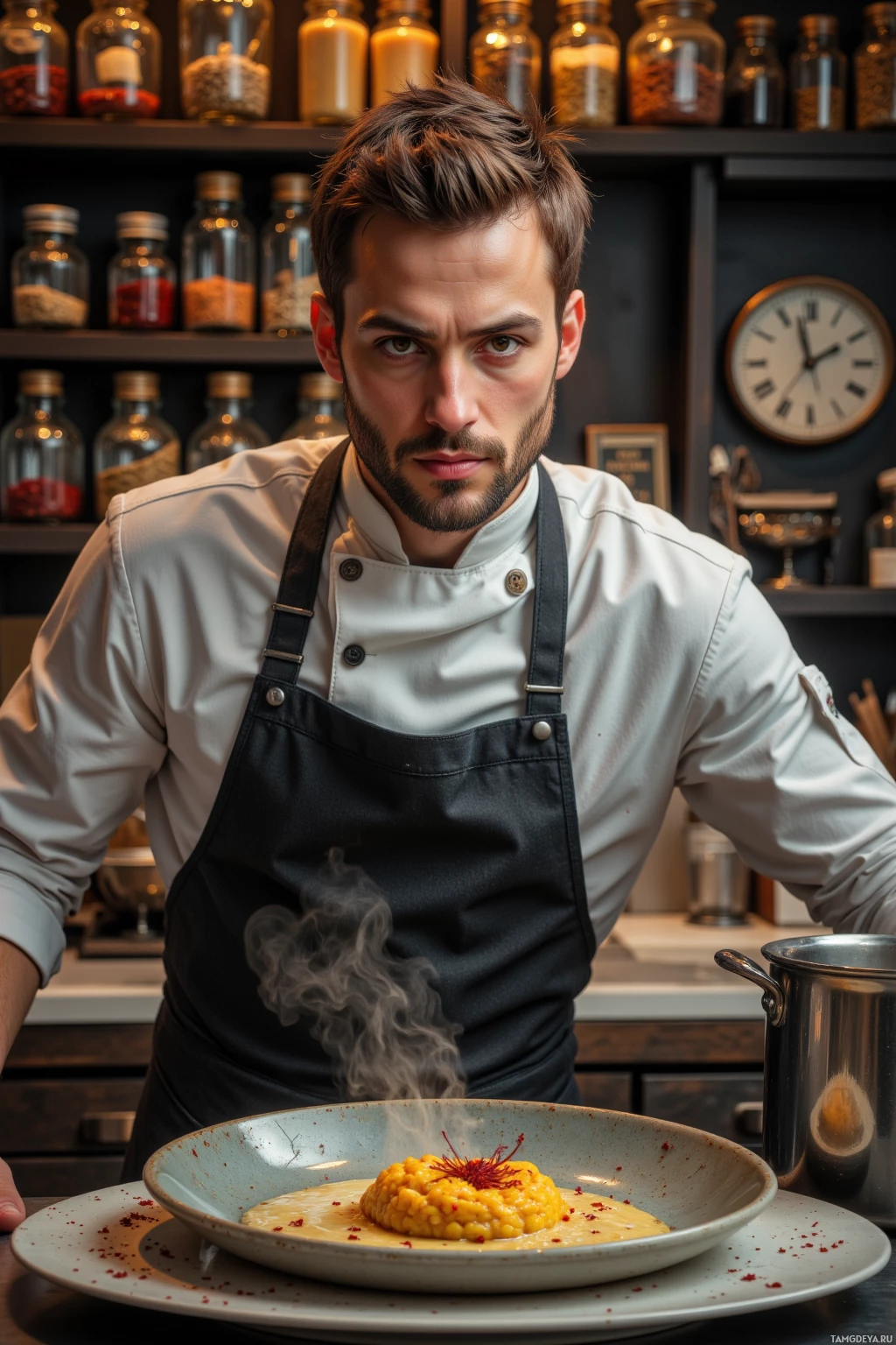A chef in a white uniform and black apron stands in a kitchen, presenting a dish with steam rising from it.
