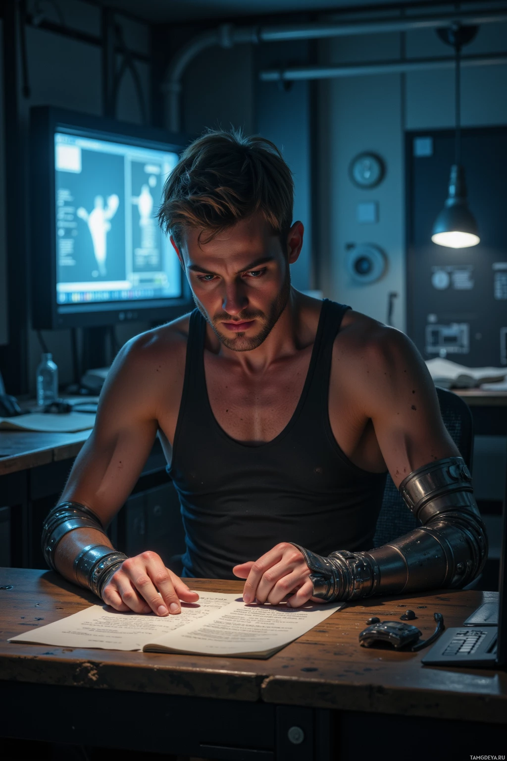 A man in a black tank top and metallic arm armor sits at a desk, reading a document.