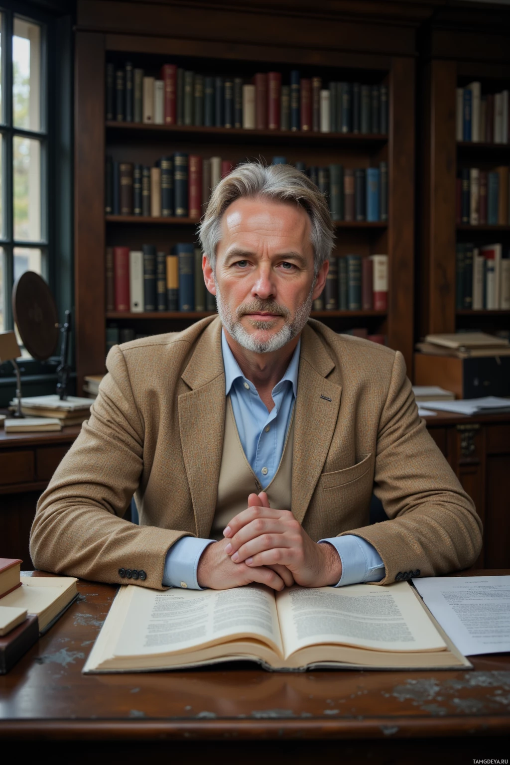 A man in a suit sits at a desk with an open book, surrounded by bookshelves.