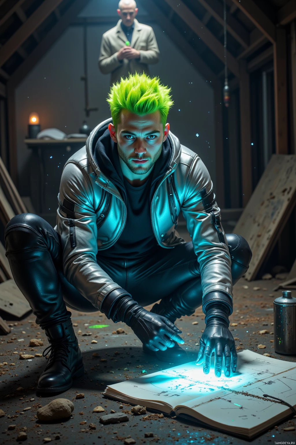 A man with green hair crouches in a dimly lit room, illuminated by a glowing blue light, while another person stands in the background.
