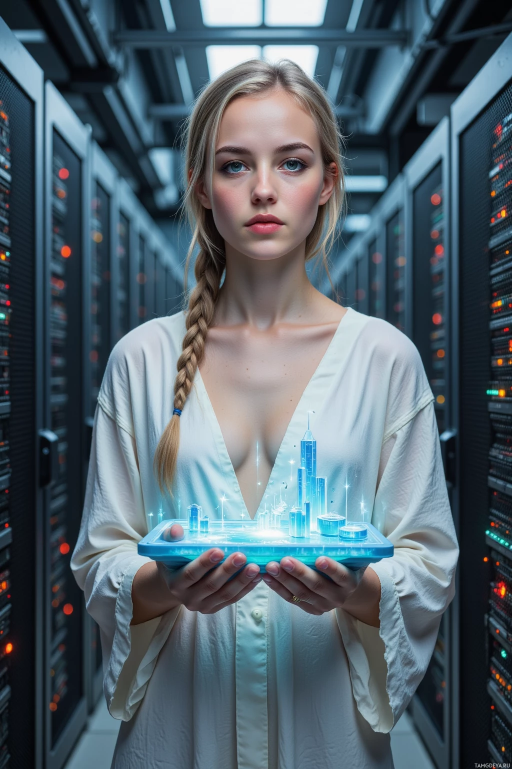 A person in a server room holds a glowing tablet displaying a futuristic cityscape.