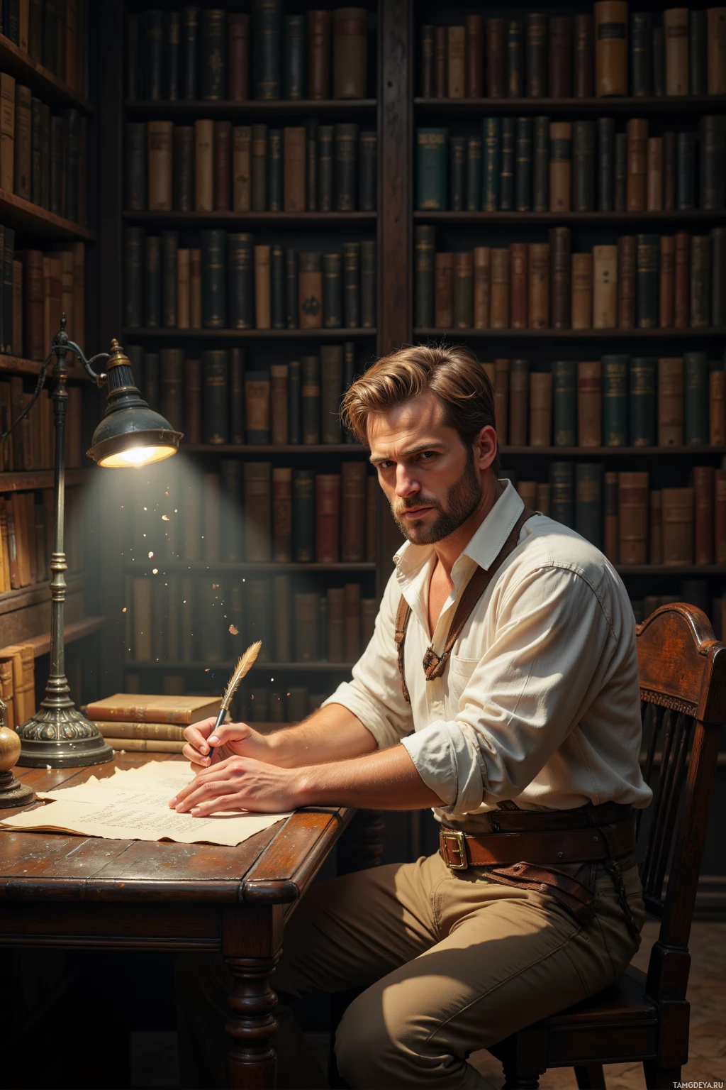 A man sits at a desk in a library, writing with a quill pen.