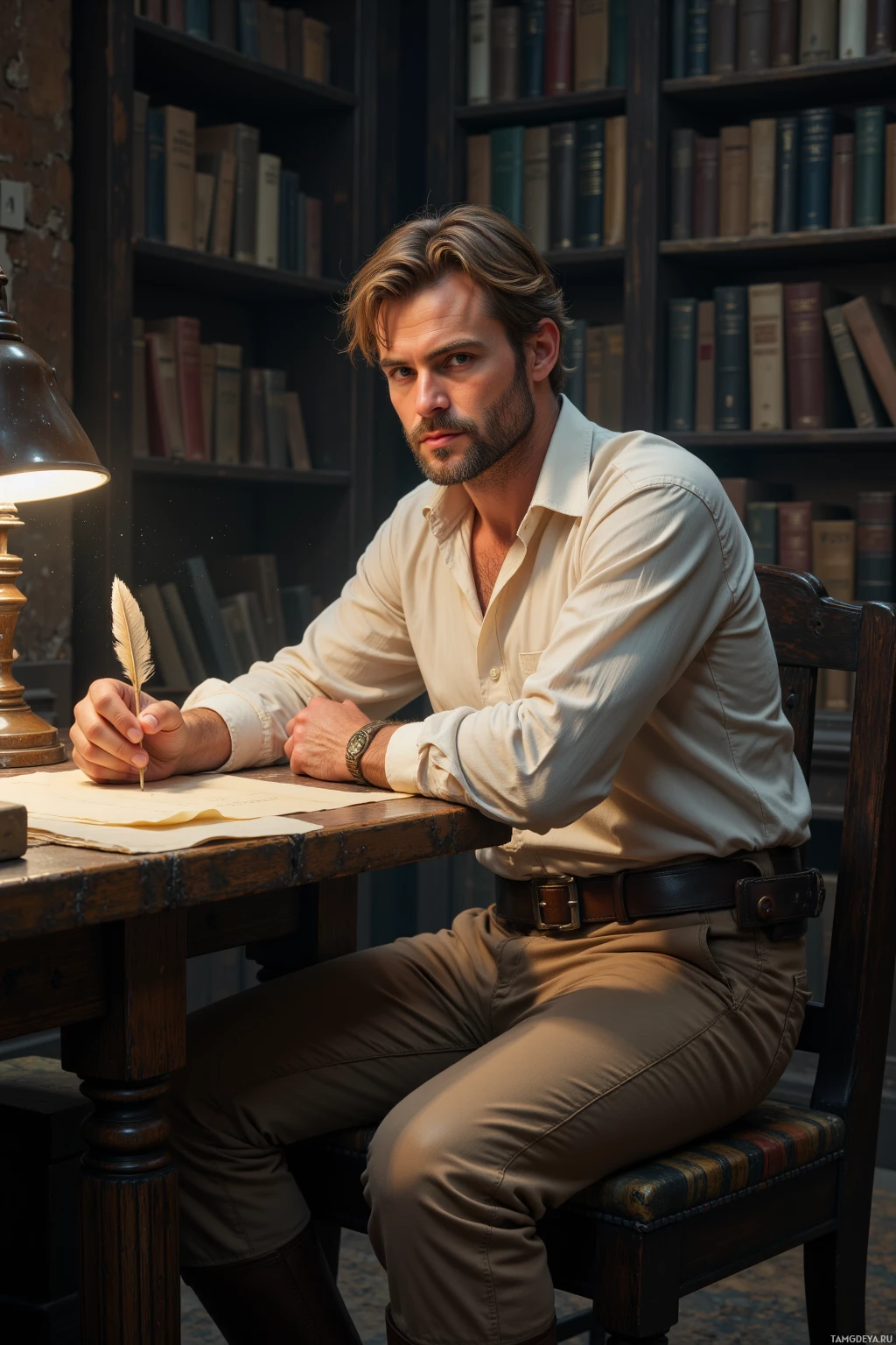 A man sits at a desk in a library, holding a quill pen, with bookshelves in the background.