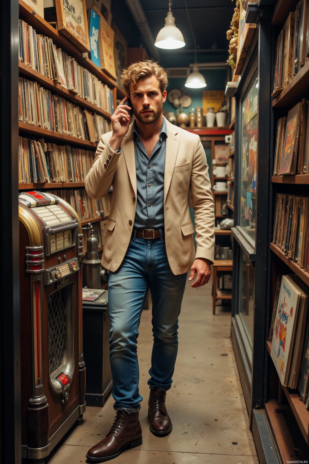 A man in a beige blazer and jeans stands in a narrow aisle of a record store.