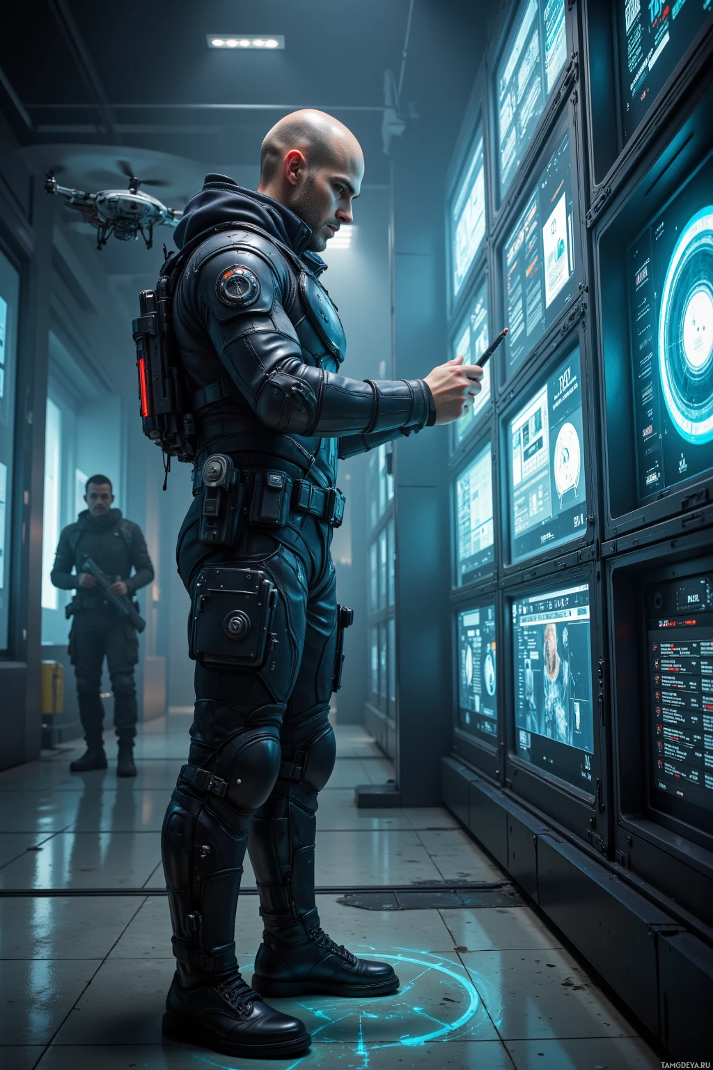 A person in futuristic military gear stands in a high-tech control room, interacting with a large display.