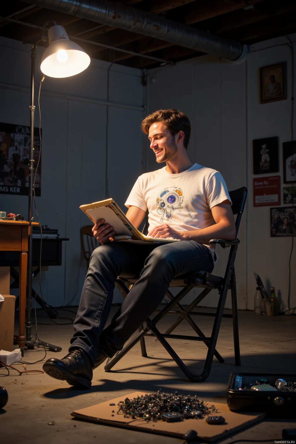 A man sits in a chair, reading a book in a dimly lit room with a lamp and posters on the wall.