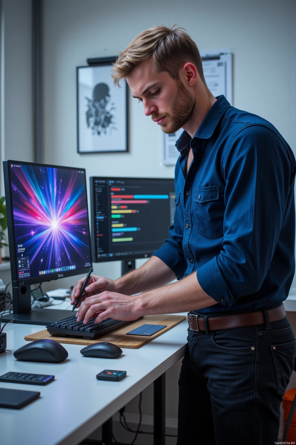A man in a blue shirt works at a desk with a computer, using a stylus.