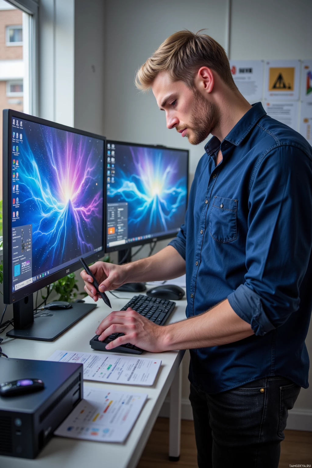 A man stands at a desk, working on a computer with dual monitors displaying a vibrant lightning effect.