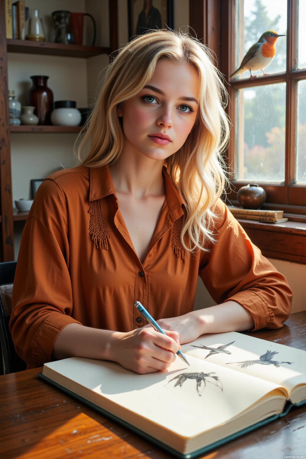 A person in a brown shirt is drawing birds in a sketchbook at a wooden table.