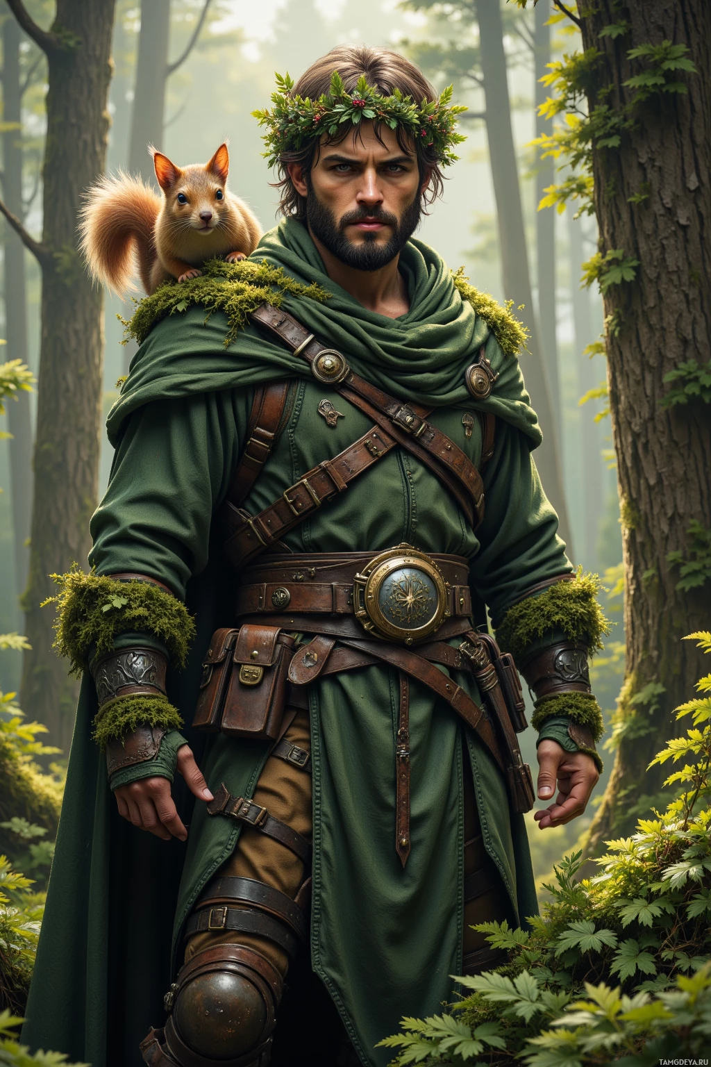 A man in a green robe with a squirrel perched on his shoulder stands in a forest.