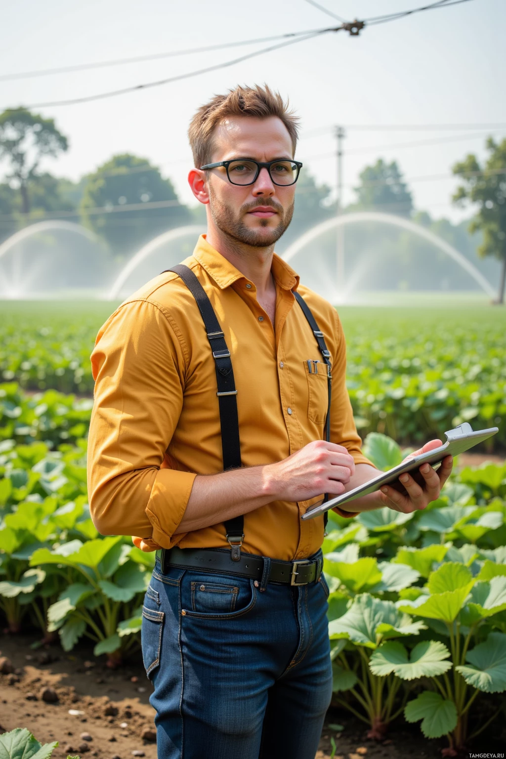 A man in a yellow shirt and jeans stands in a field, holding a clipboard.