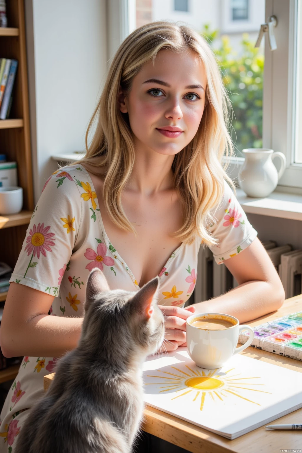 A woman with a cat sits at a table with a cup of coffee and a painting of a sun.