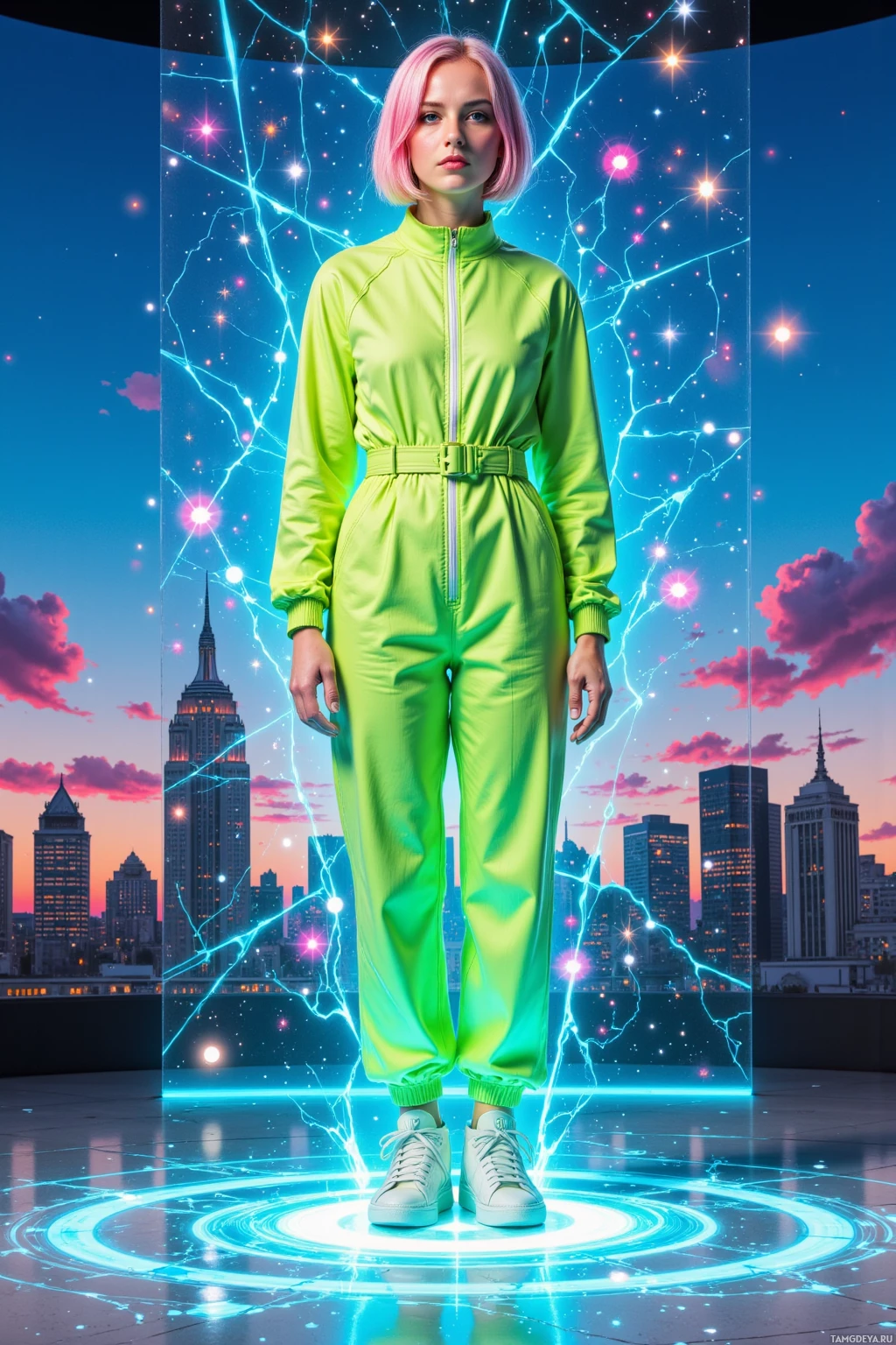 A person in a bright green jumpsuit stands in front of a cityscape with glowing lines and stars.