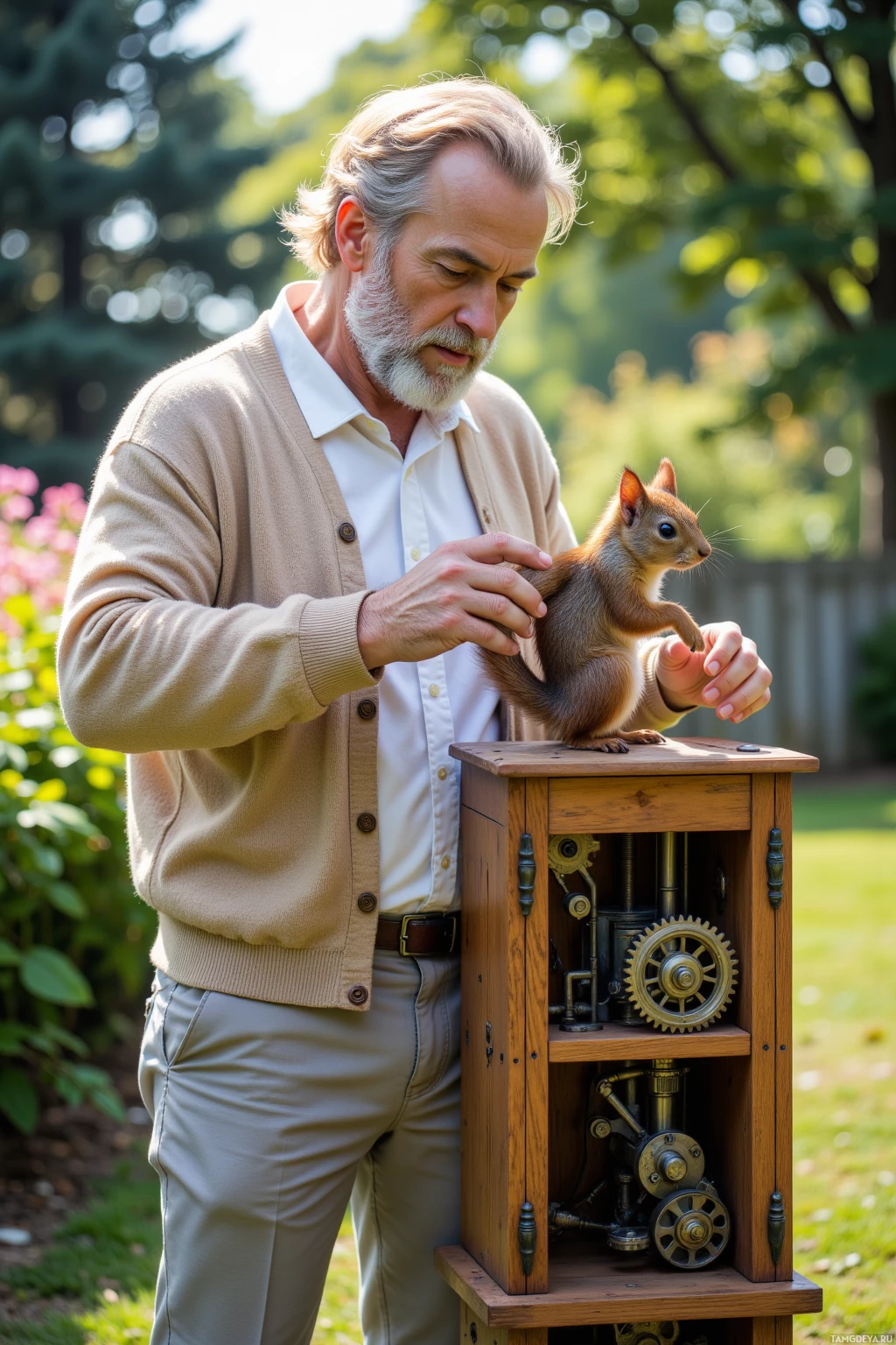 A man in a beige sweater and white shirt interacts with a small squirrel on a wooden box with gears in a garden setting.