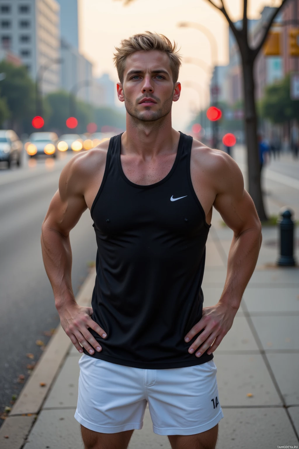 A muscular man in a black tank top and white shorts stands on a city sidewalk.