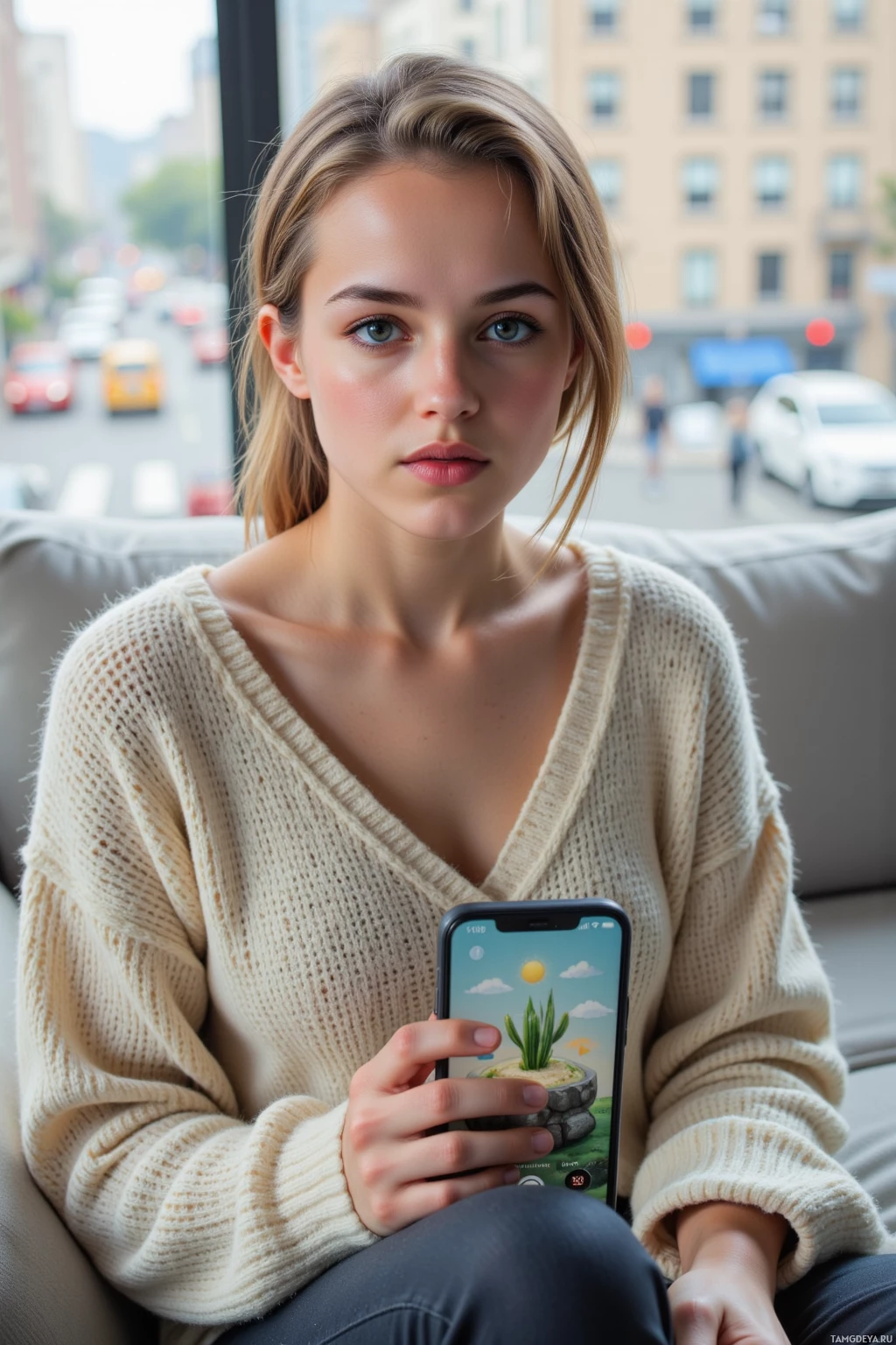 A person in a cream sweater sits on a couch, holding a smartphone displaying a plant image.