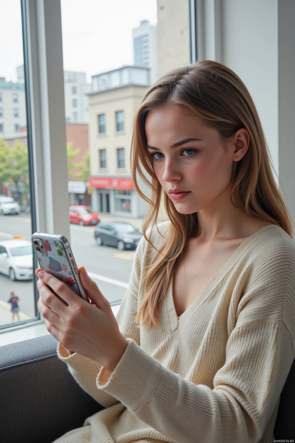A person in a beige sweater sits by a window, looking at a phone.