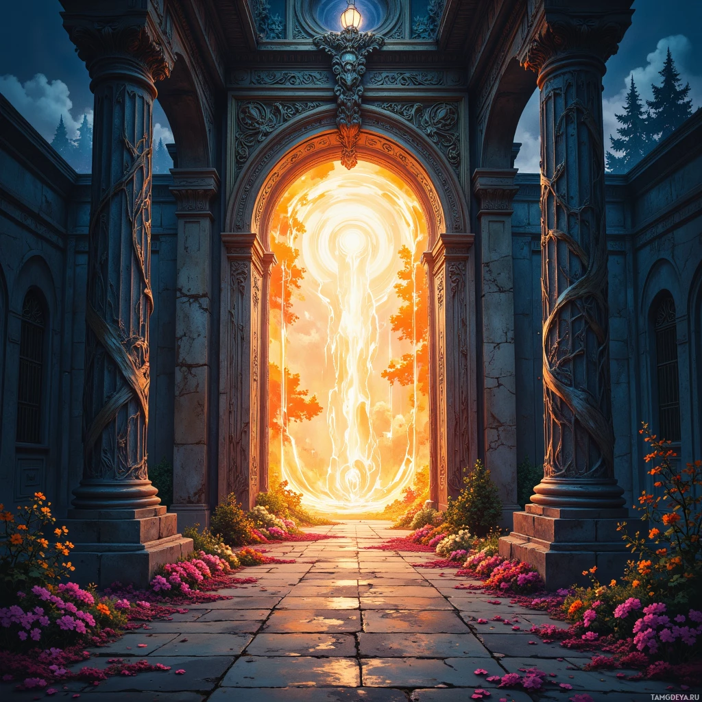 A grand stone archway with glowing light streaming through, surrounded by flowers and trees.