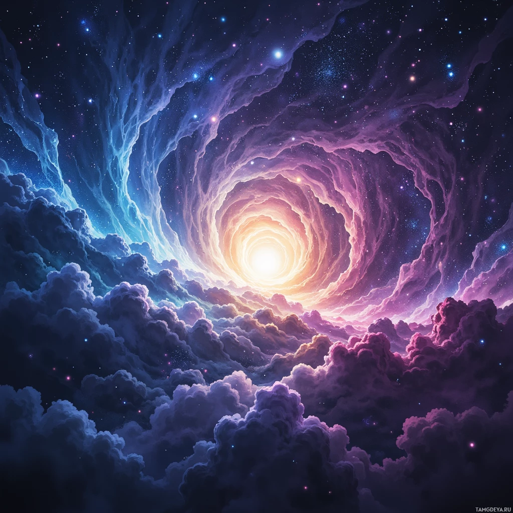 A vibrant cosmic scene featuring a swirling galaxy with a bright central light and starry background.