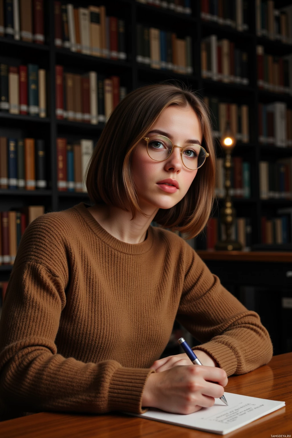 A person wearing glasses and a brown sweater sits at a desk in a library, writing in a notebook.