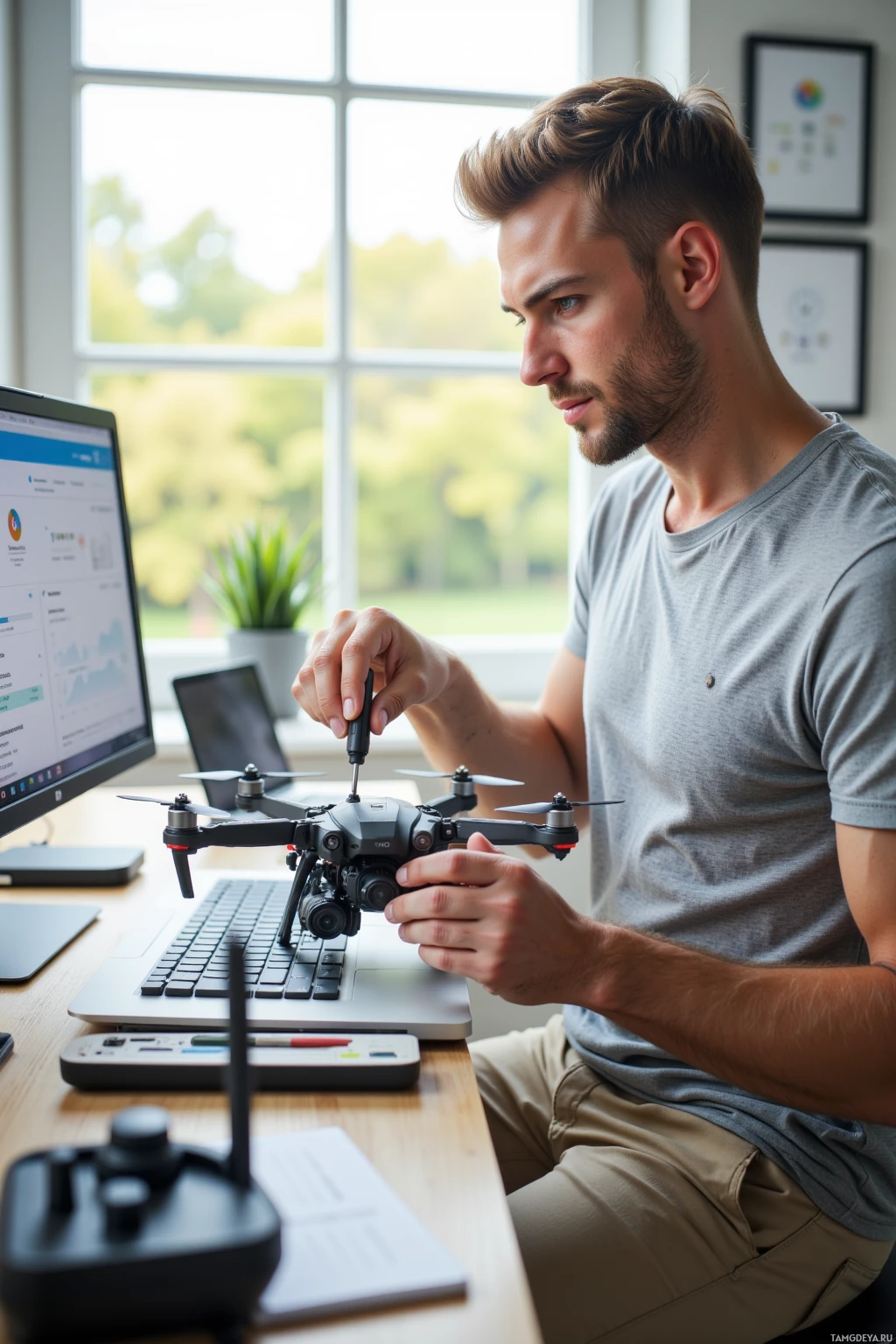 A man is working on a drone at a desk with a laptop and a remote control.