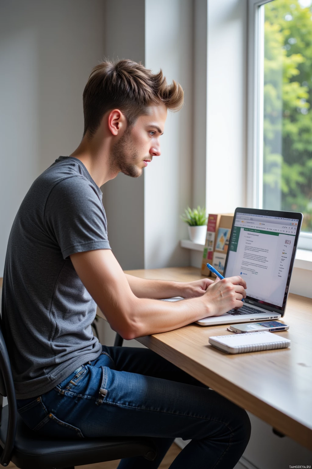 A person is sitting at a desk, working on a laptop with a notebook and pen nearby.