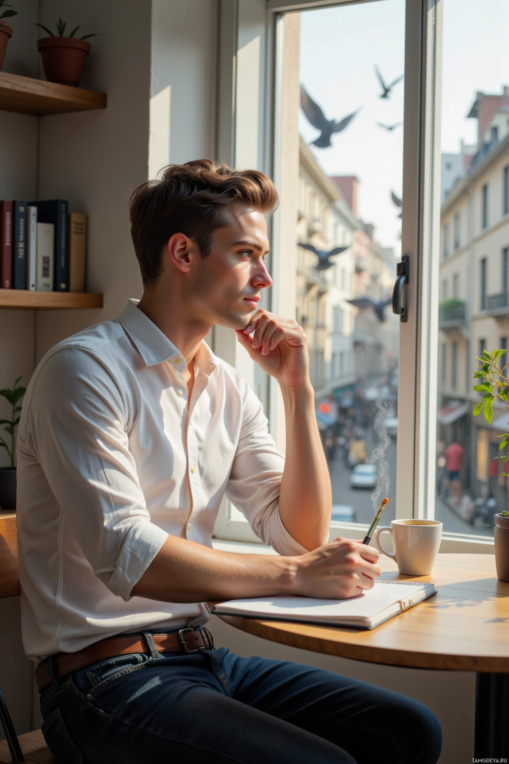 A man in a white shirt sits at a window, looking out thoughtfully.