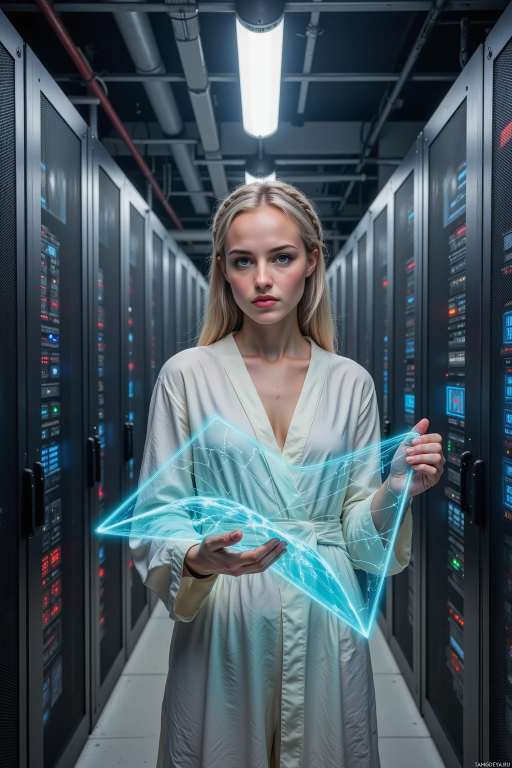 A woman in a server room holds a glowing triangular network.