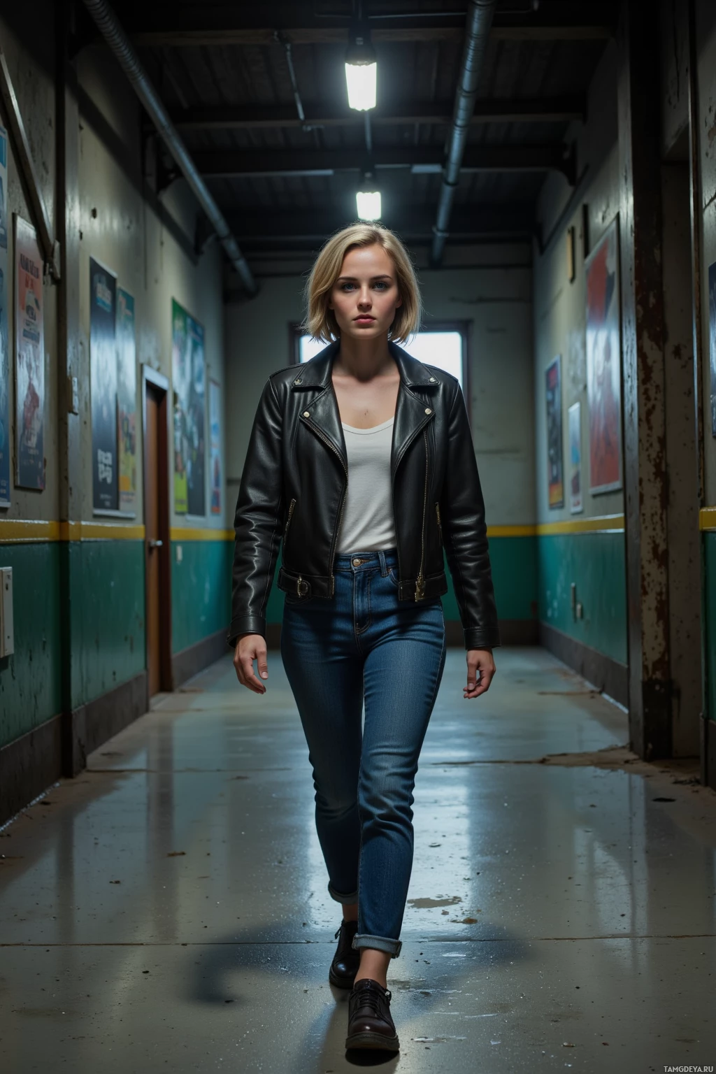 A person walks down a dimly lit hallway wearing a leather jacket and jeans.