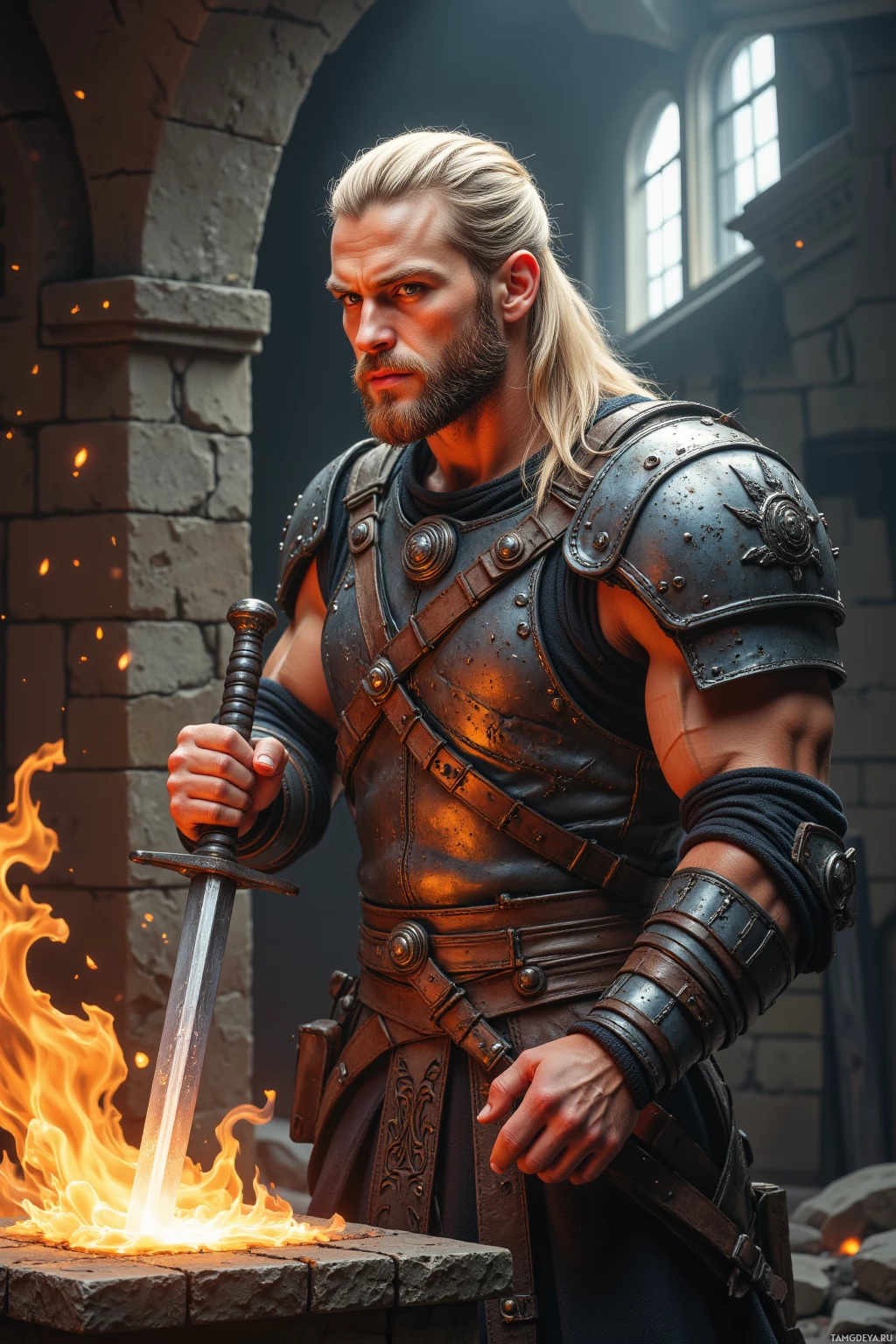 A warrior in medieval armor stands beside a glowing sword, set against a stone background.