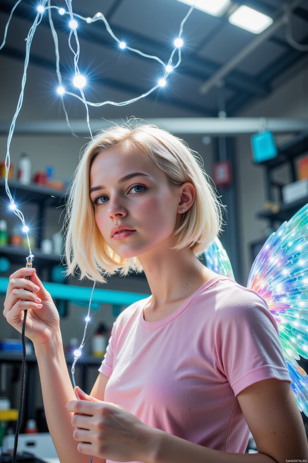 A person in a pink shirt holds a string of lights in a room with shelves and ceiling lights.