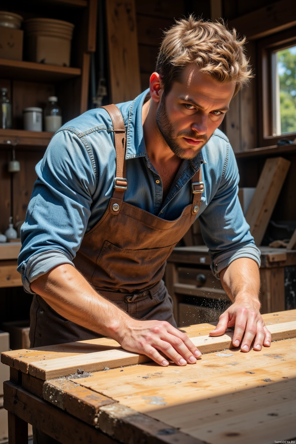 A man wearing an apron works on a wooden surface in a workshop.