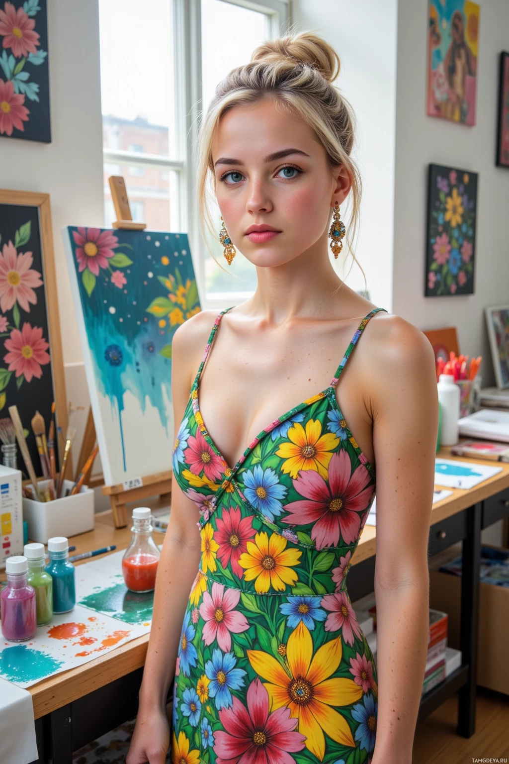 A person stands in a brightly lit room with colorful artwork, wearing a floral dress.