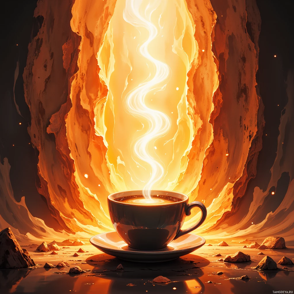 A steaming cup of coffee sits in front of a fiery, glowing cave entrance.