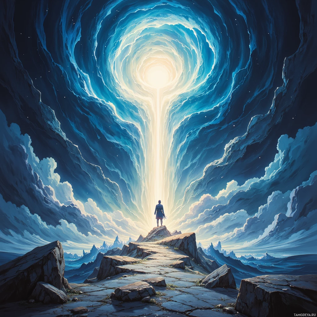 A lone figure stands at the edge of a rocky cliff, gazing up at a bright, glowing portal in the sky.