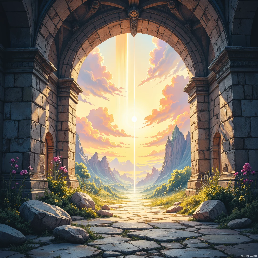 A grand stone archway frames a serene landscape with a path leading towards distant mountains under a vibrant sunset sky.