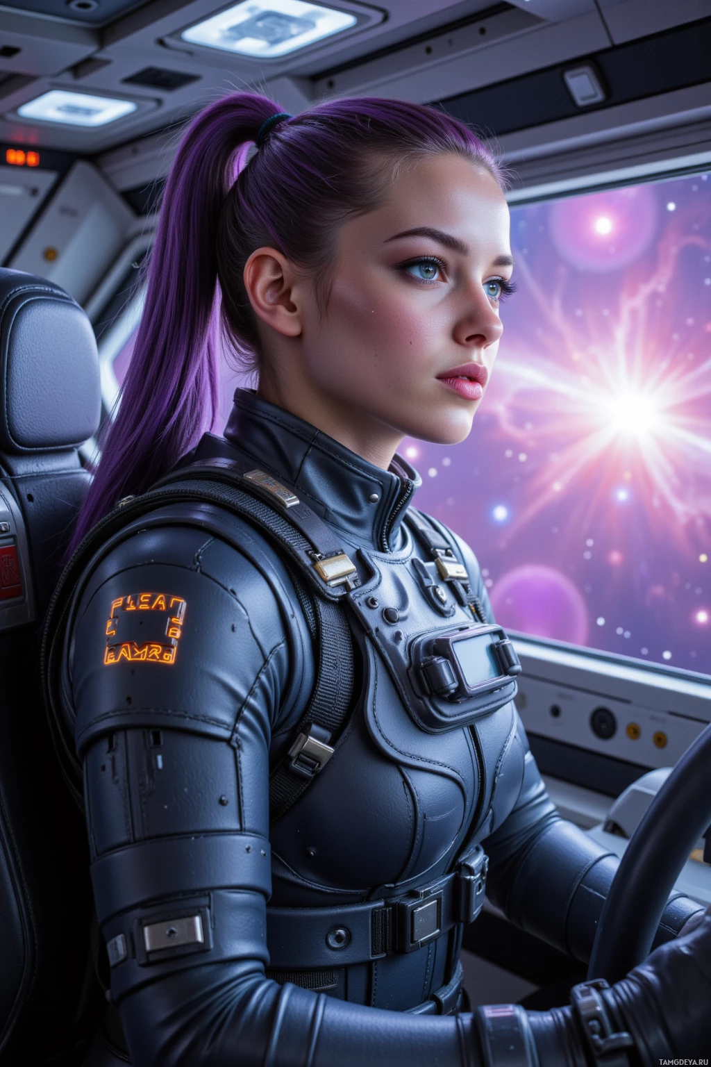 A person in a futuristic, armored suit sits inside a vehicle, gazing out at a vibrant, star-filled space scene.