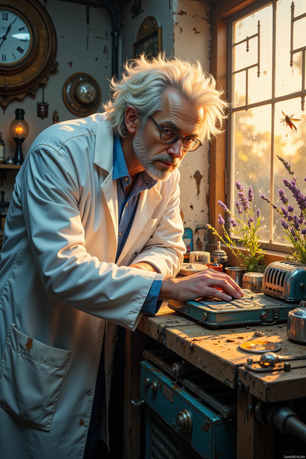 A man in a lab coat leans over a vintage stove in a sunlit room.