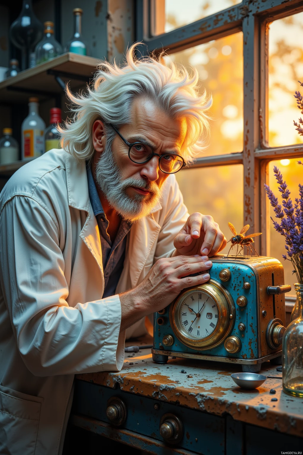 An older man with white hair and glasses leans over a vintage radio, examining it closely.