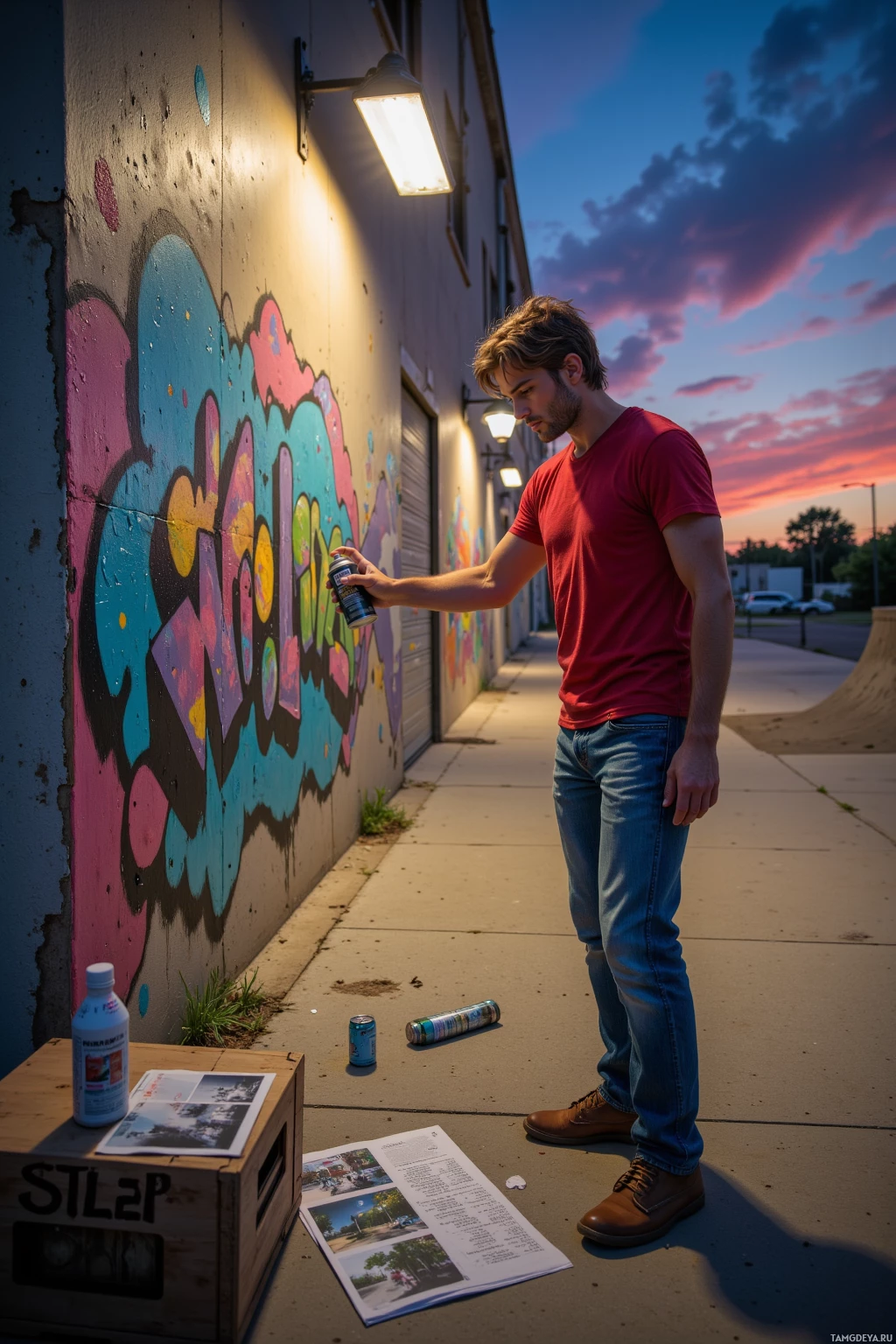 A person stands near a graffiti-covered wall at dusk, holding a spray can.