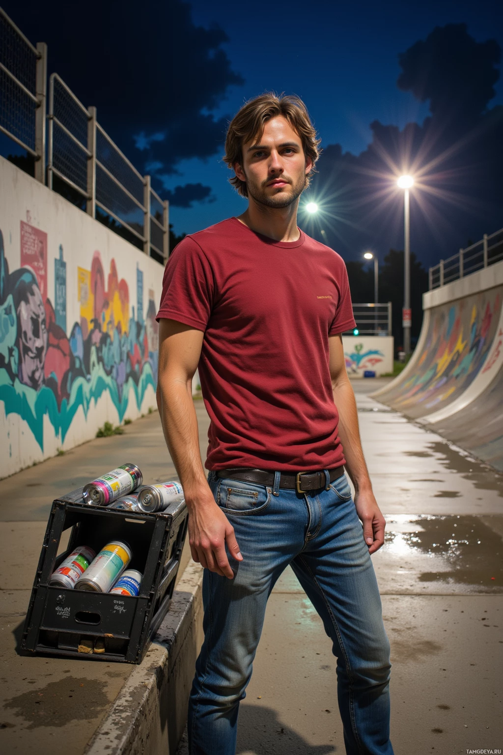 A man in a red shirt and jeans stands near a graffiti-covered wall at night.