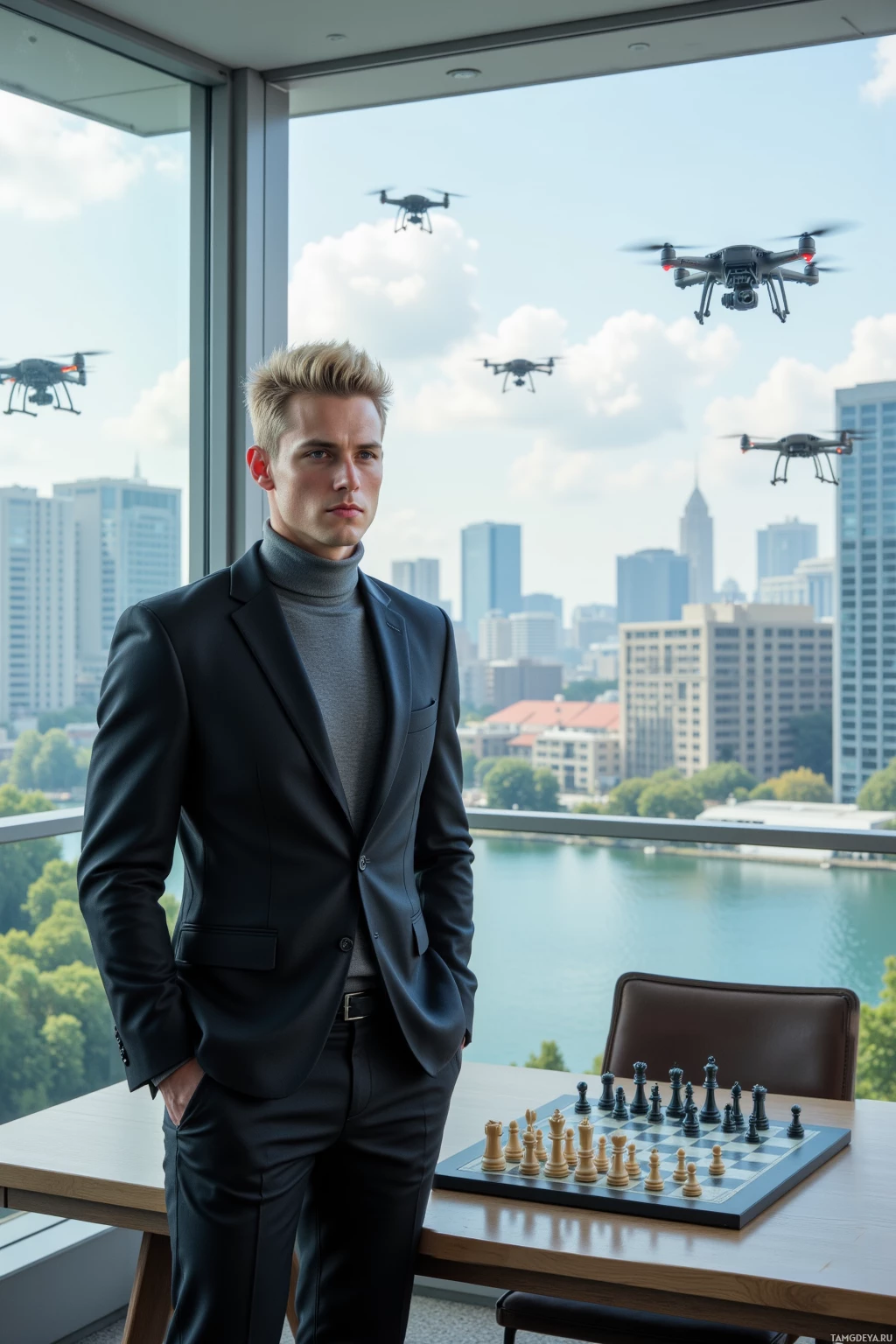 A man in a suit stands in front of a large window with a cityscape and flying drones in the background.