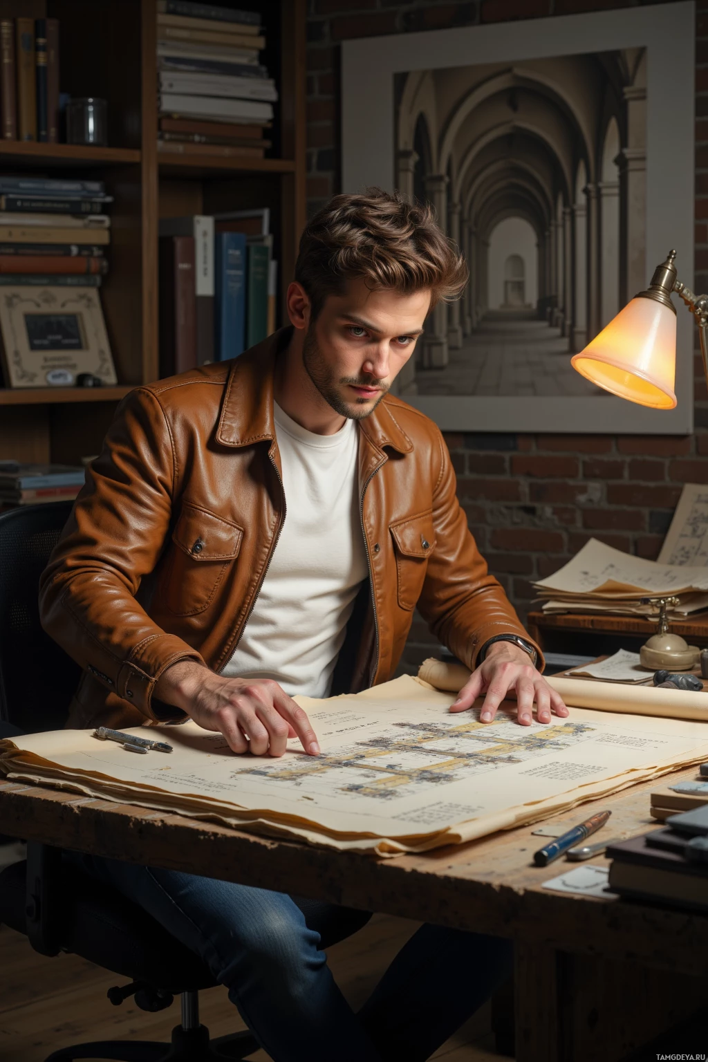 A man in a leather jacket sits at a desk, examining a large blueprint.
