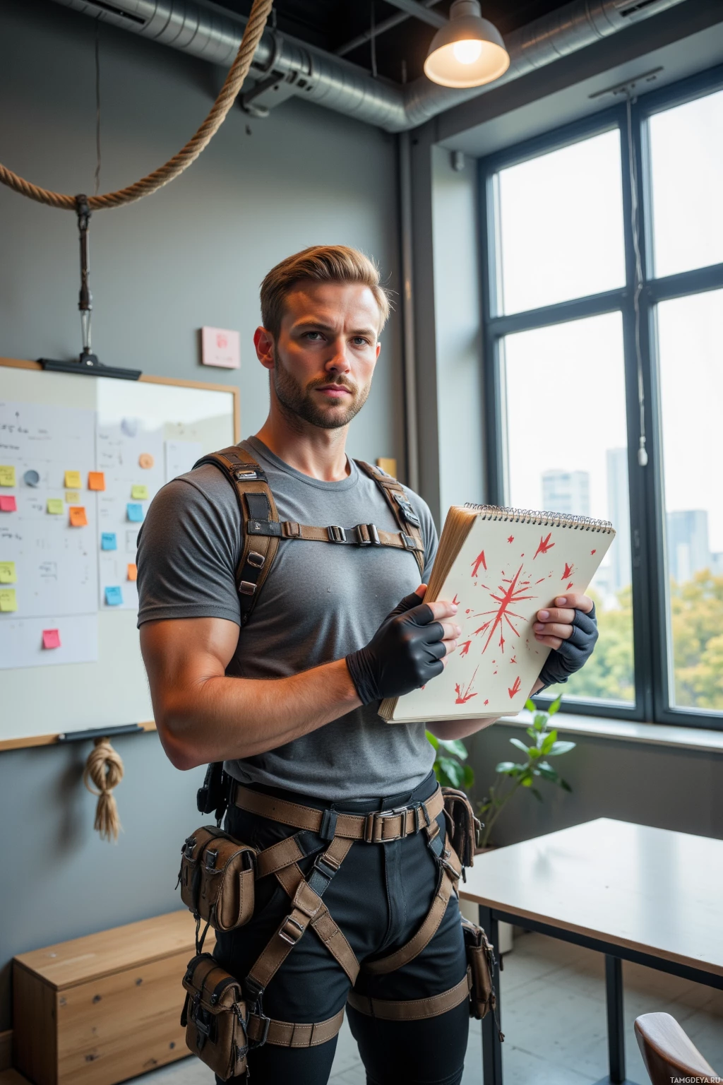 A man in tactical gear holds a notebook with red markings in a modern office setting.