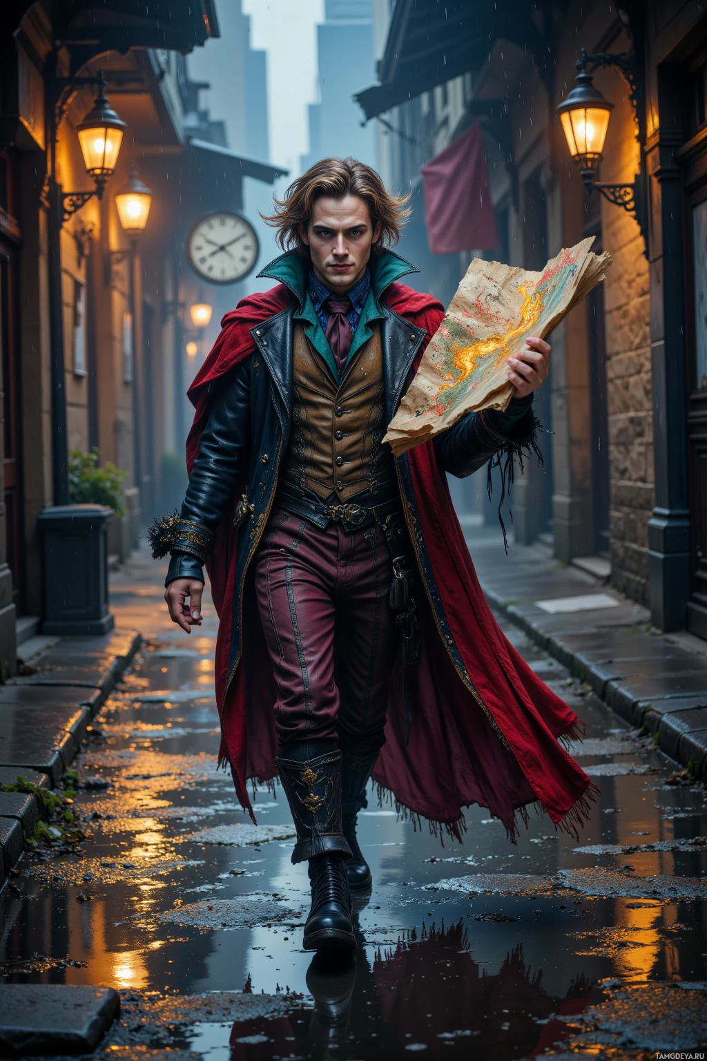 A man in a red coat and leather vest walks down a rainy alleyway holding a map.