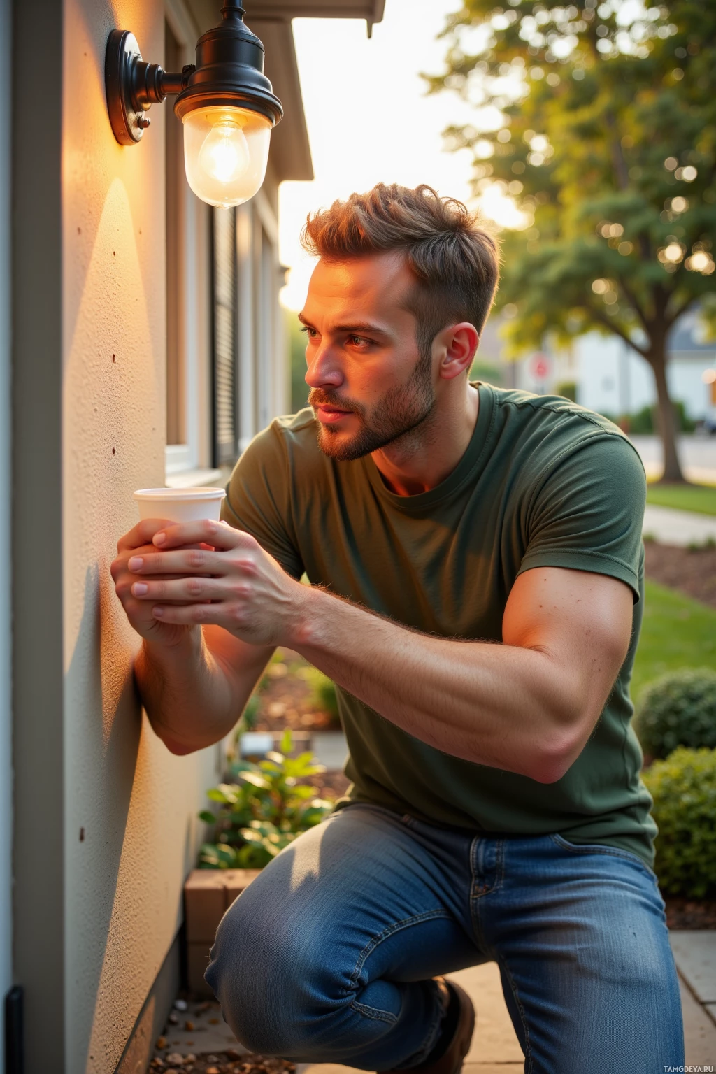 A man in a green shirt and jeans is crouching outside, holding a cup near a wall light.