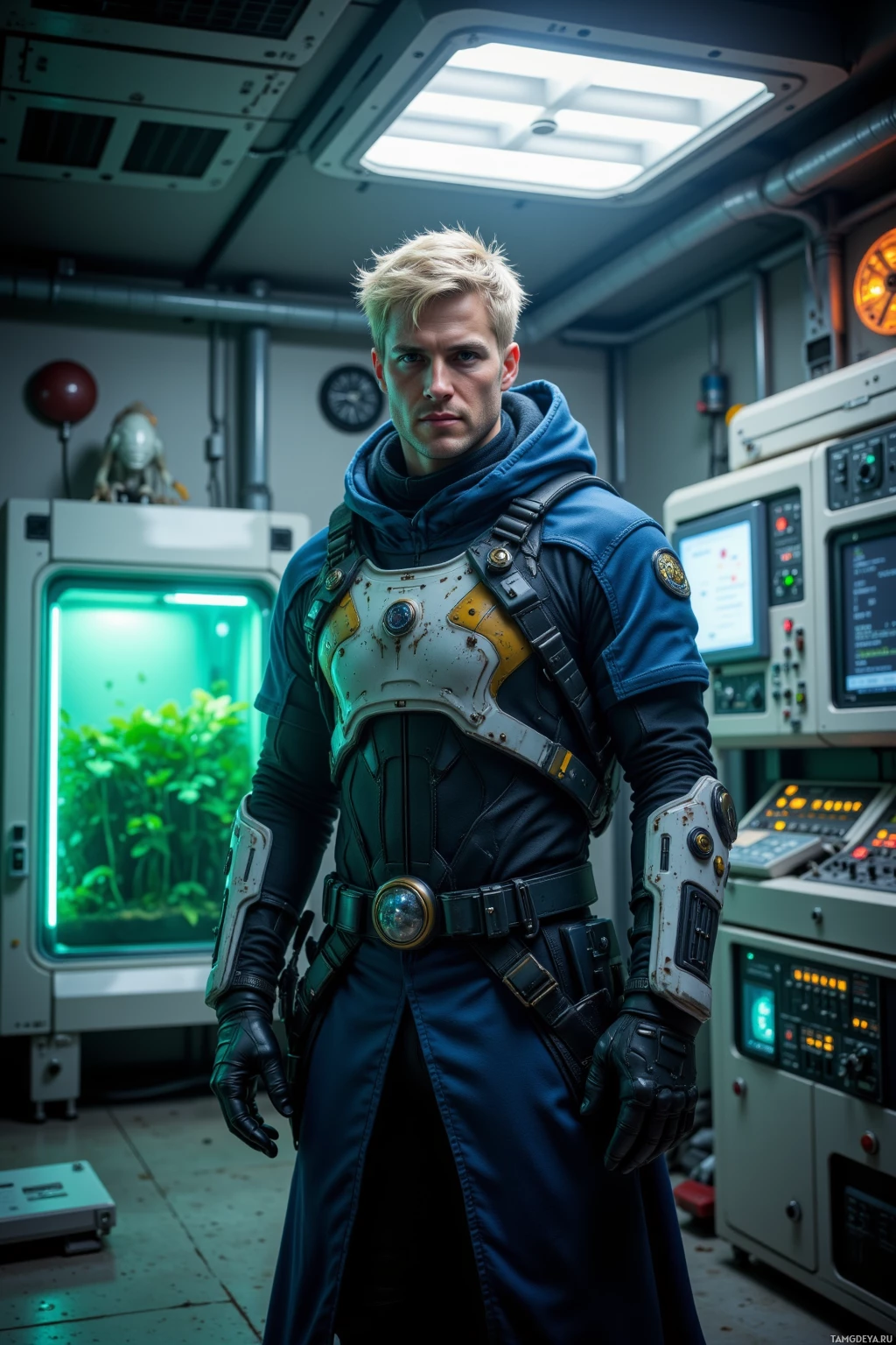 A person in a futuristic, space-themed outfit stands in a high-tech environment.