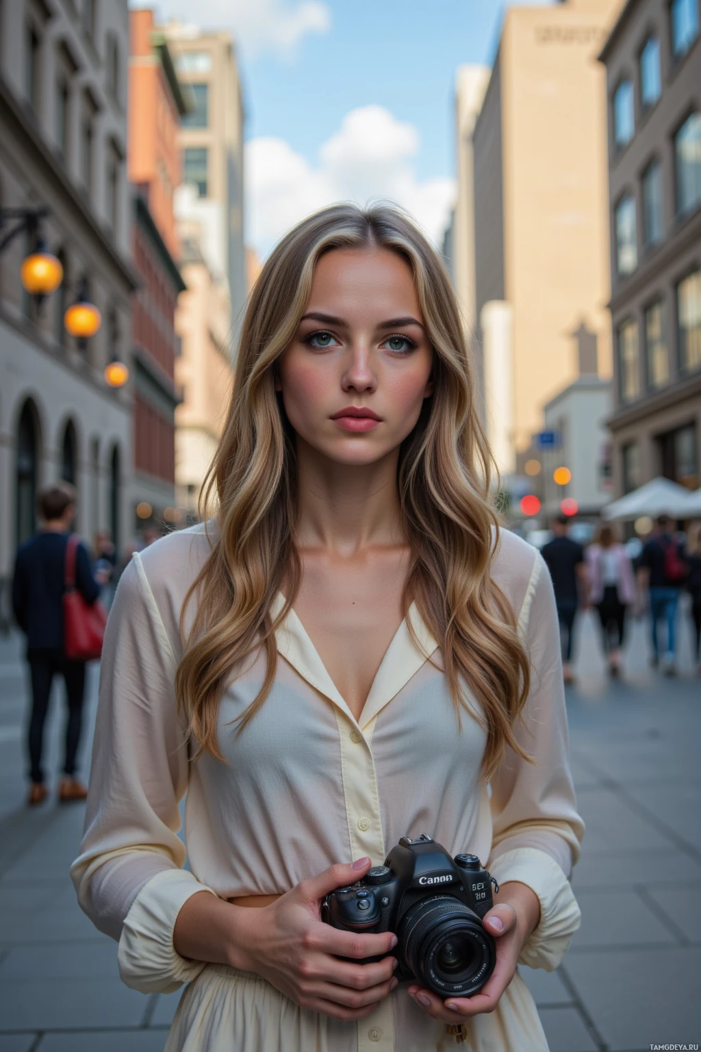 A woman stands on a city street holding a camera.